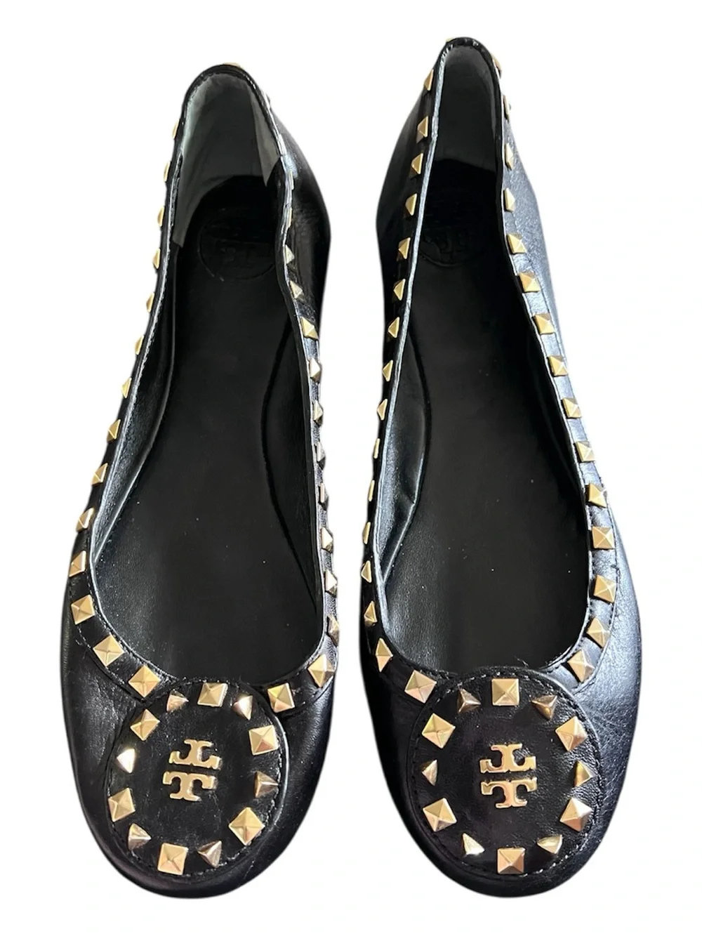 Tory Burch Dale Gold Studded Black Leather Ballet Flats Size 10
